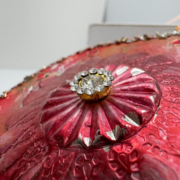Handcrafted OOAK Red Medallion Ornament With Collage Design Floral Embellishment - Picture 9 of 10
